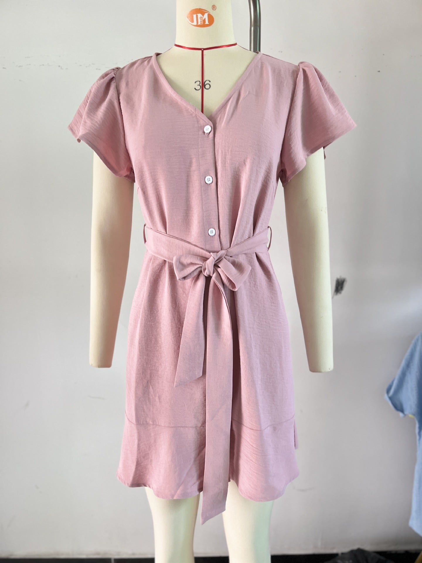 Elegant Solid Color Belt Button Sleeve Dress