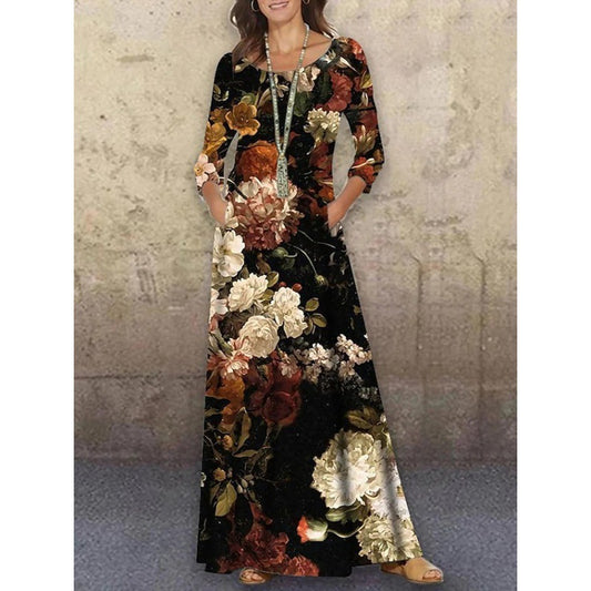 Women's Knitted Long Sleeve Dress Floral Print Clothing