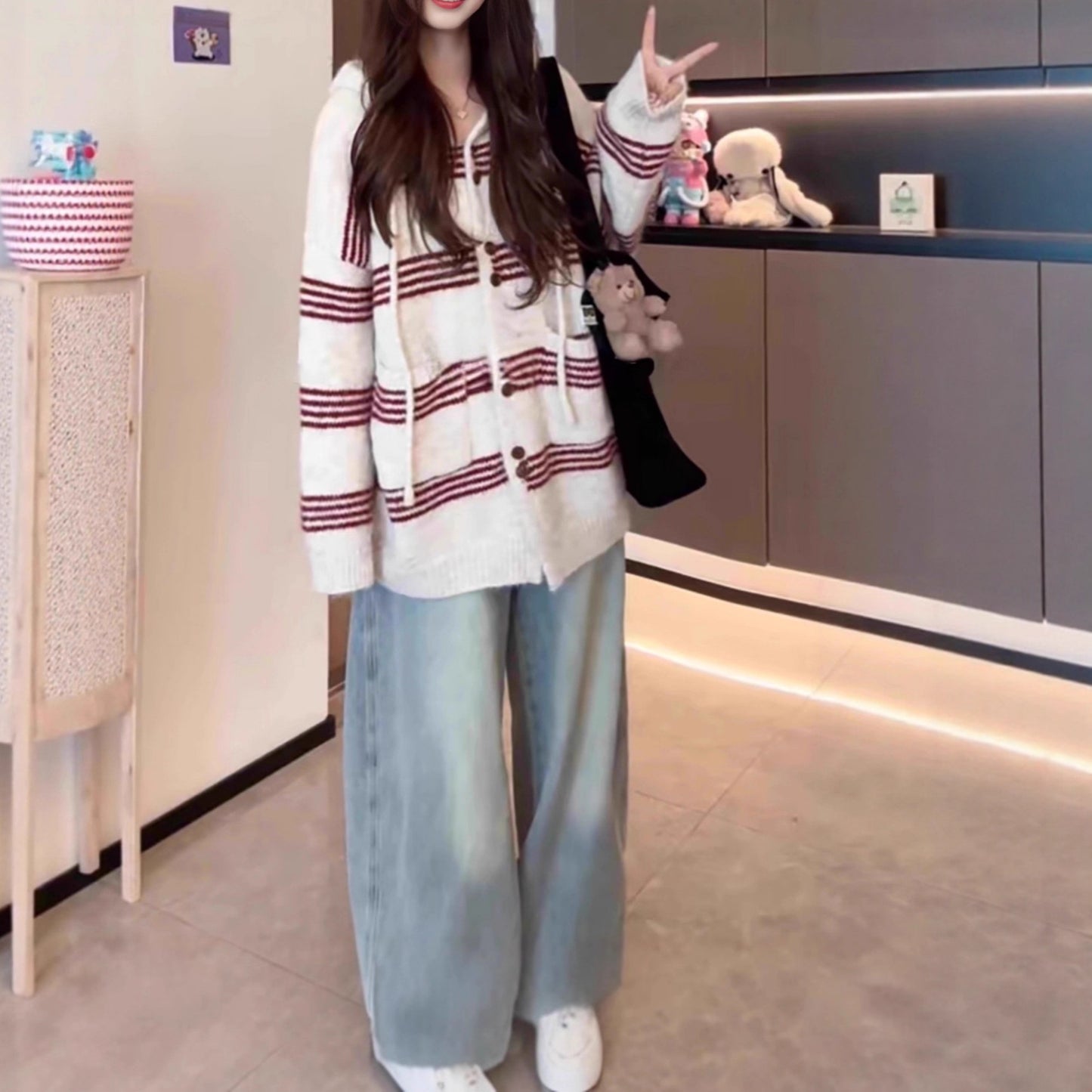 Women's Idle Style Mixed Color Stripe Hooded Long Sweater