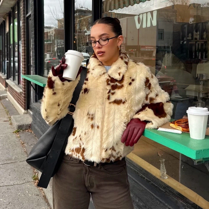Women's Fashion Simple Leopard Print Fur Furry Coats