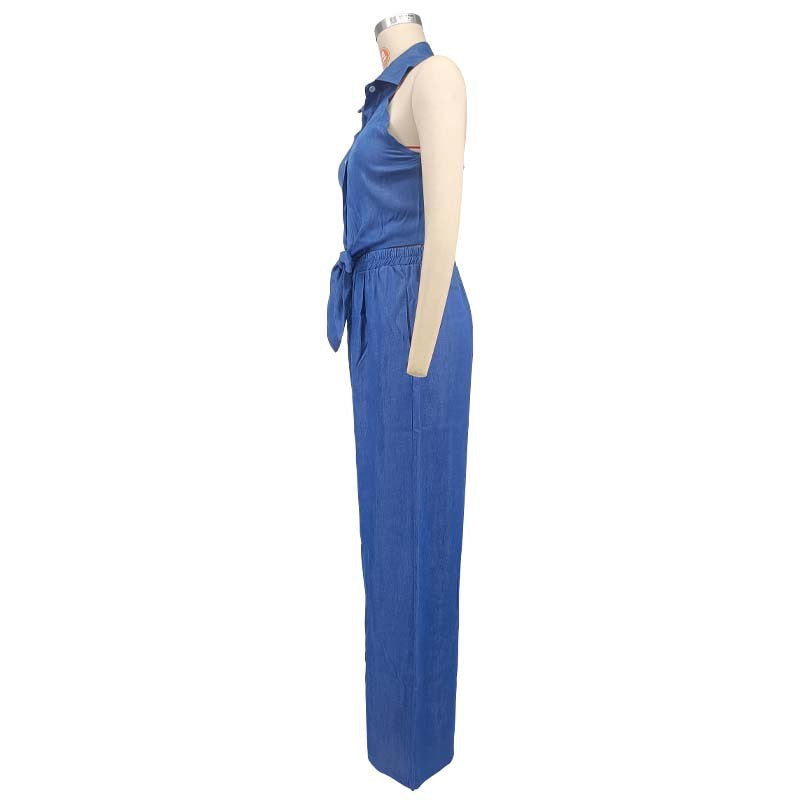 Women's Denim Halter Lapel Backless Loose Wide Suits