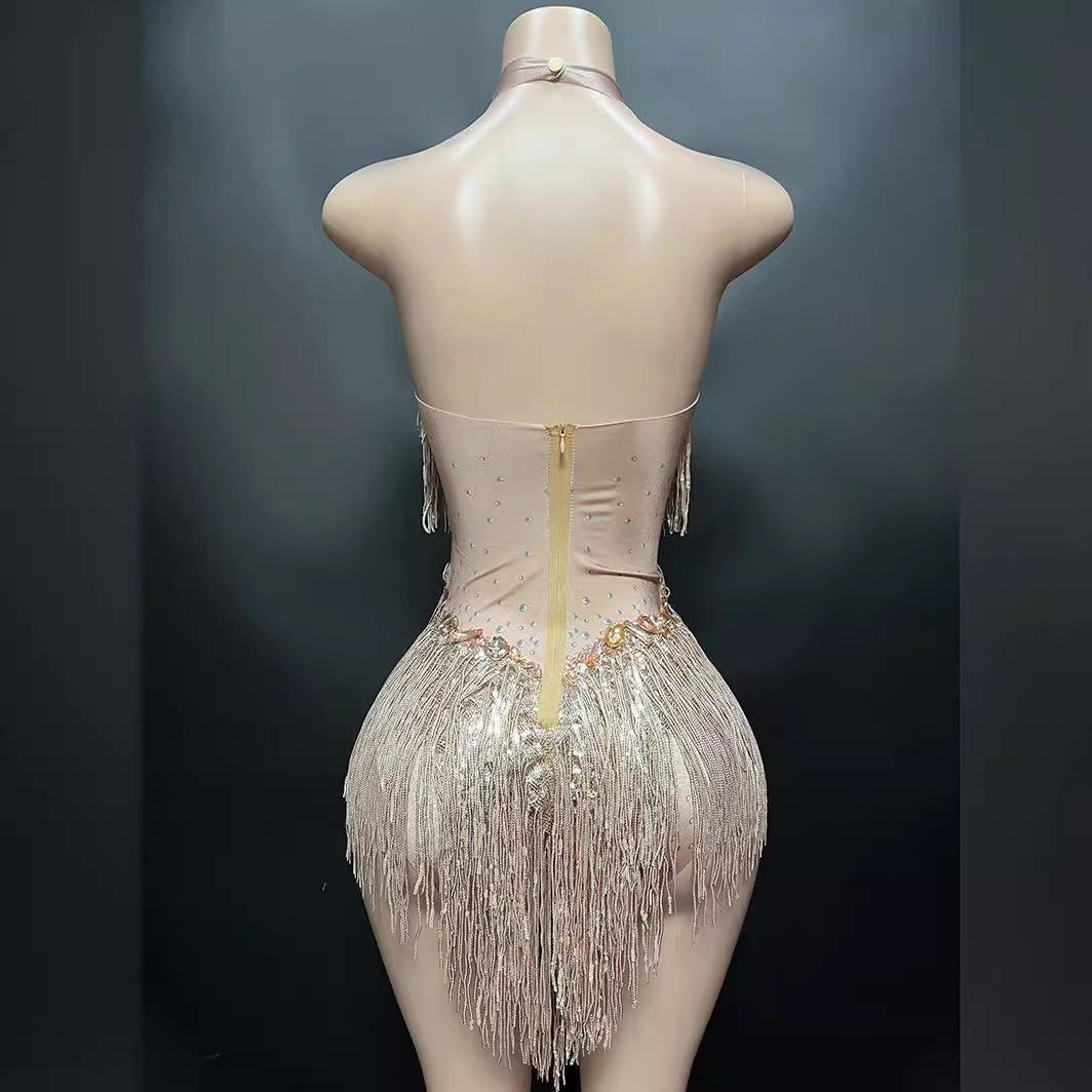 Shining Diamond Tassel Round Neck Elegant Jumpsuits