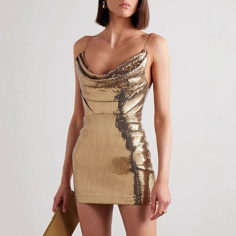 Sexy Hot Golden Strap Backless Little Dresses