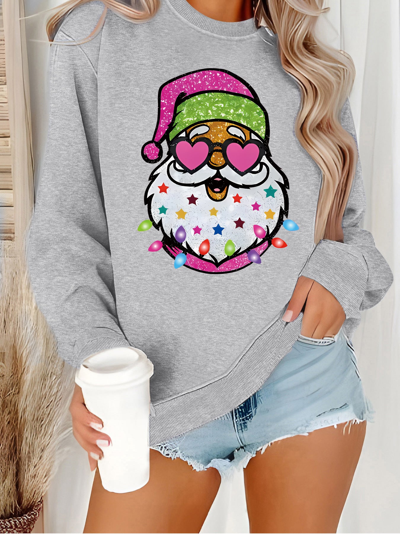 Women's Claus Graphic Print Crew Neck Casual Long Women's Sweater, Sweater