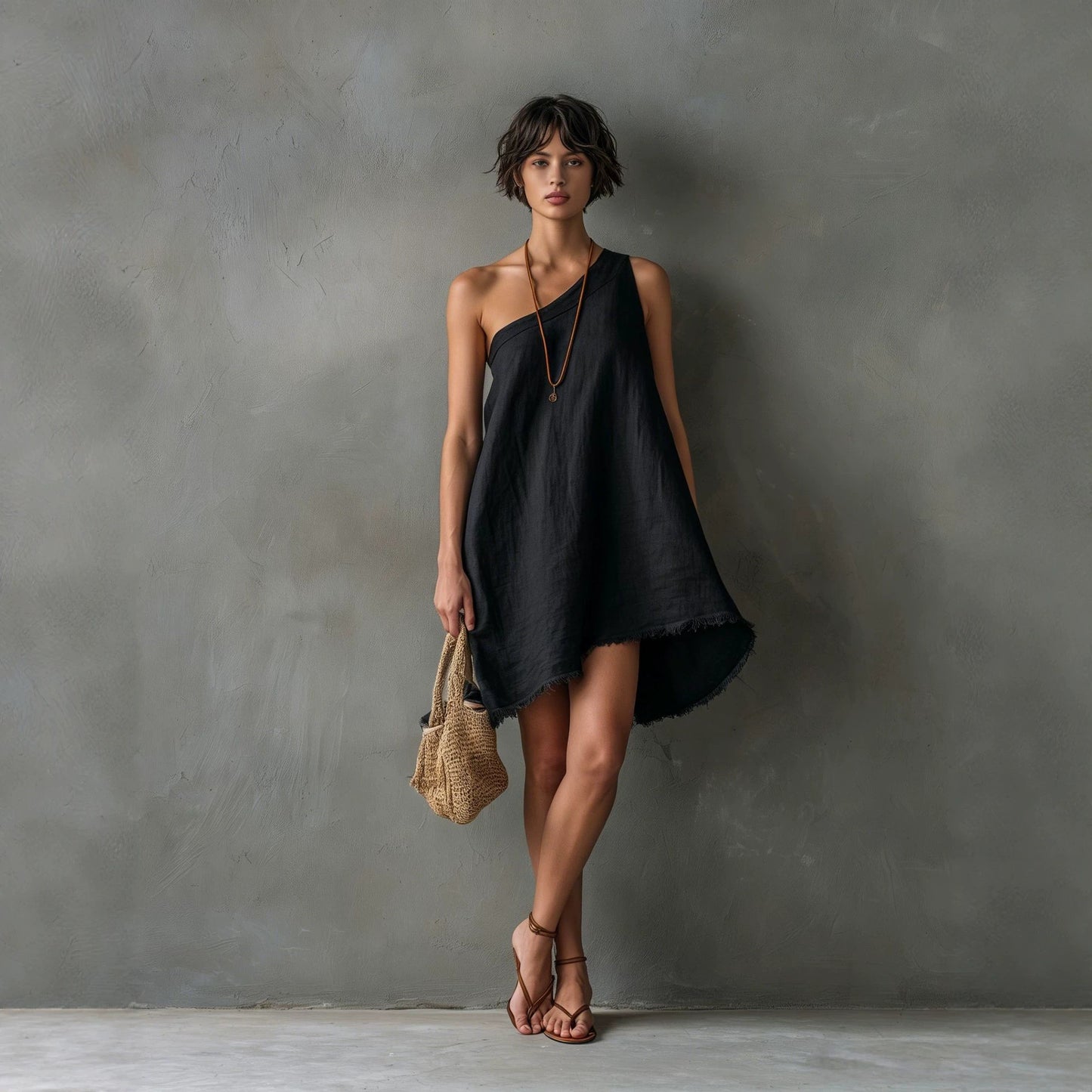 Women's Minimalist Linen Blend Shoulder Sleeveless Frayed Dress