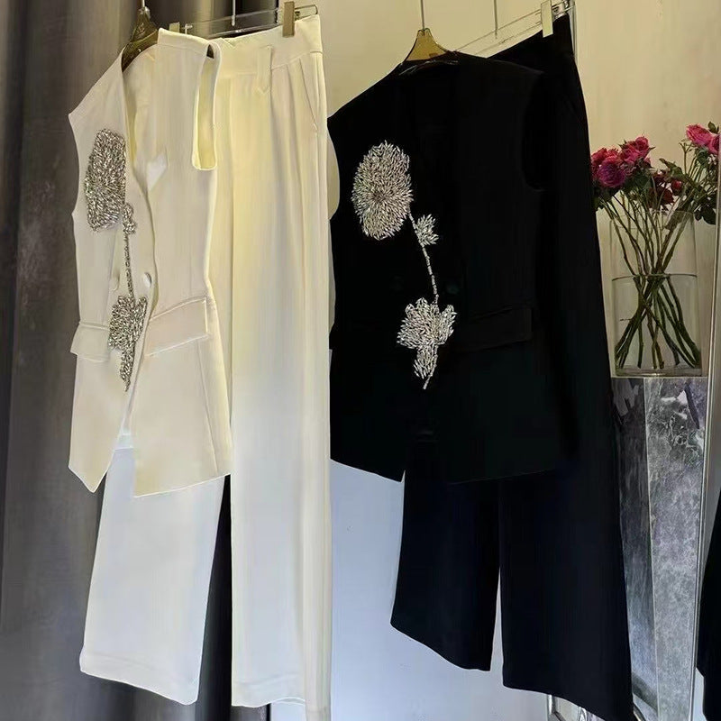 Women's Summer Sleeveless Rhinestone Flower High Waist Wide Leg Suits