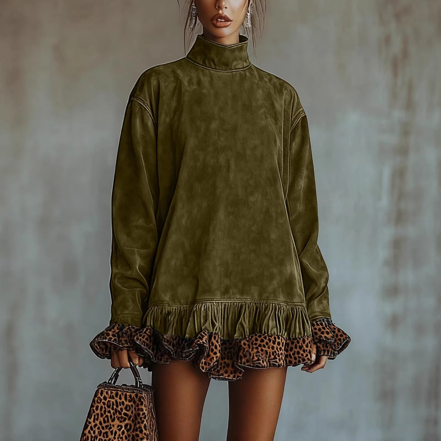 Women's Fashion Casual Turtleneck Long Sleeve Leopard Dress