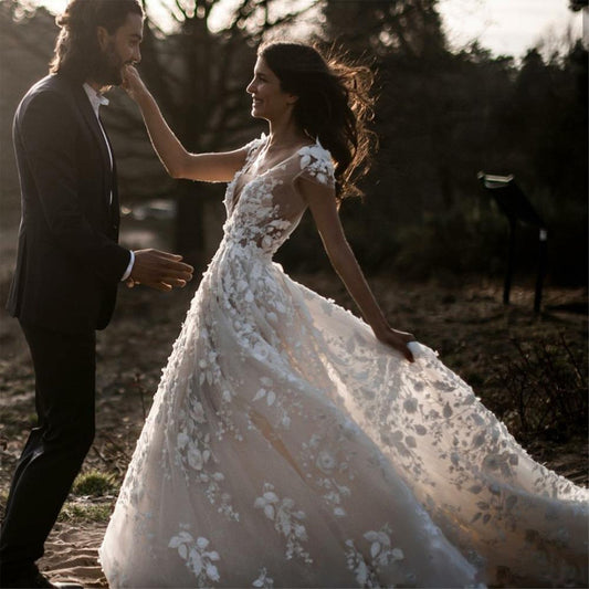 Women's Spring Lace Dress Deep V Big Wedding Dresses