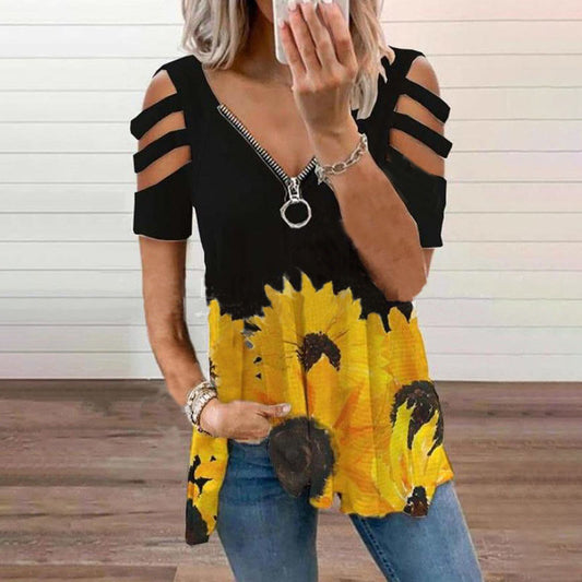 Women's Collar Zipper Pullover Sleeve Loose T-shirt Blouses