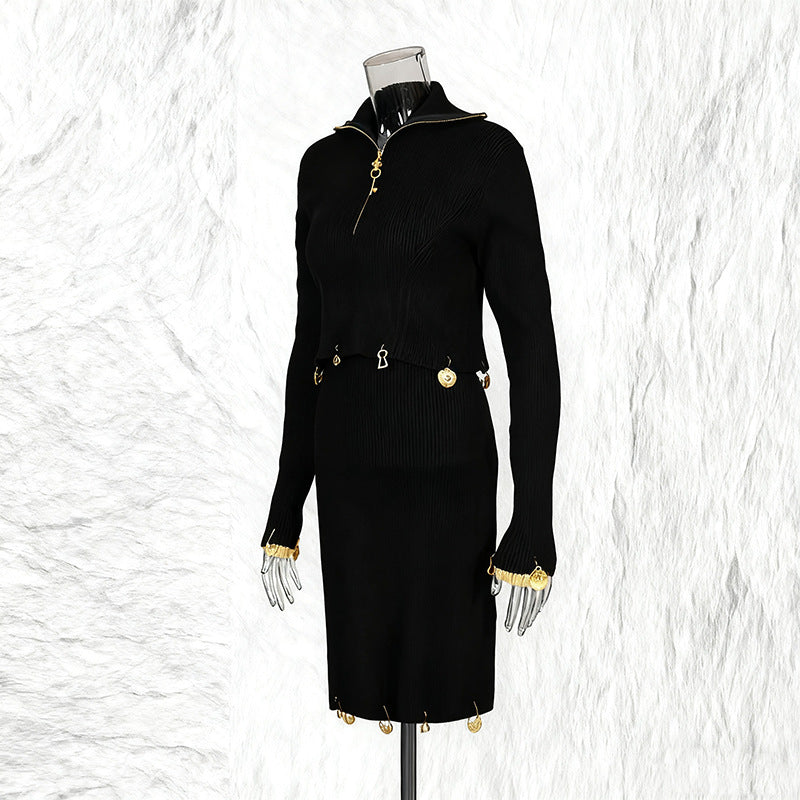 Women's Temperament Style Knitted Two-piece Zipper Collar Metal Decoration Suits