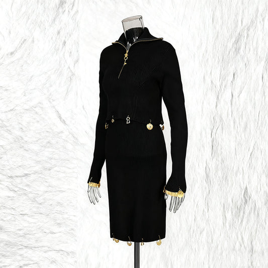 Women's Temperament Style Knitted Two-piece Zipper Collar Metal Decoration Suits