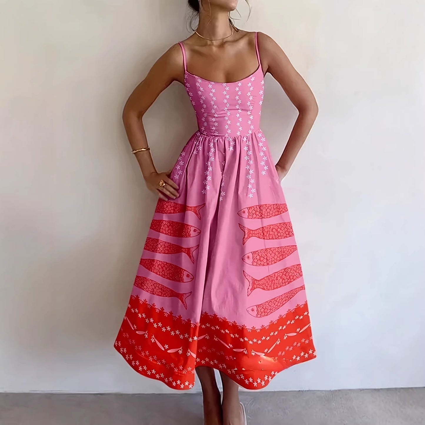 Women's Sense Printed Pleated Suspender Long Vacation Dress