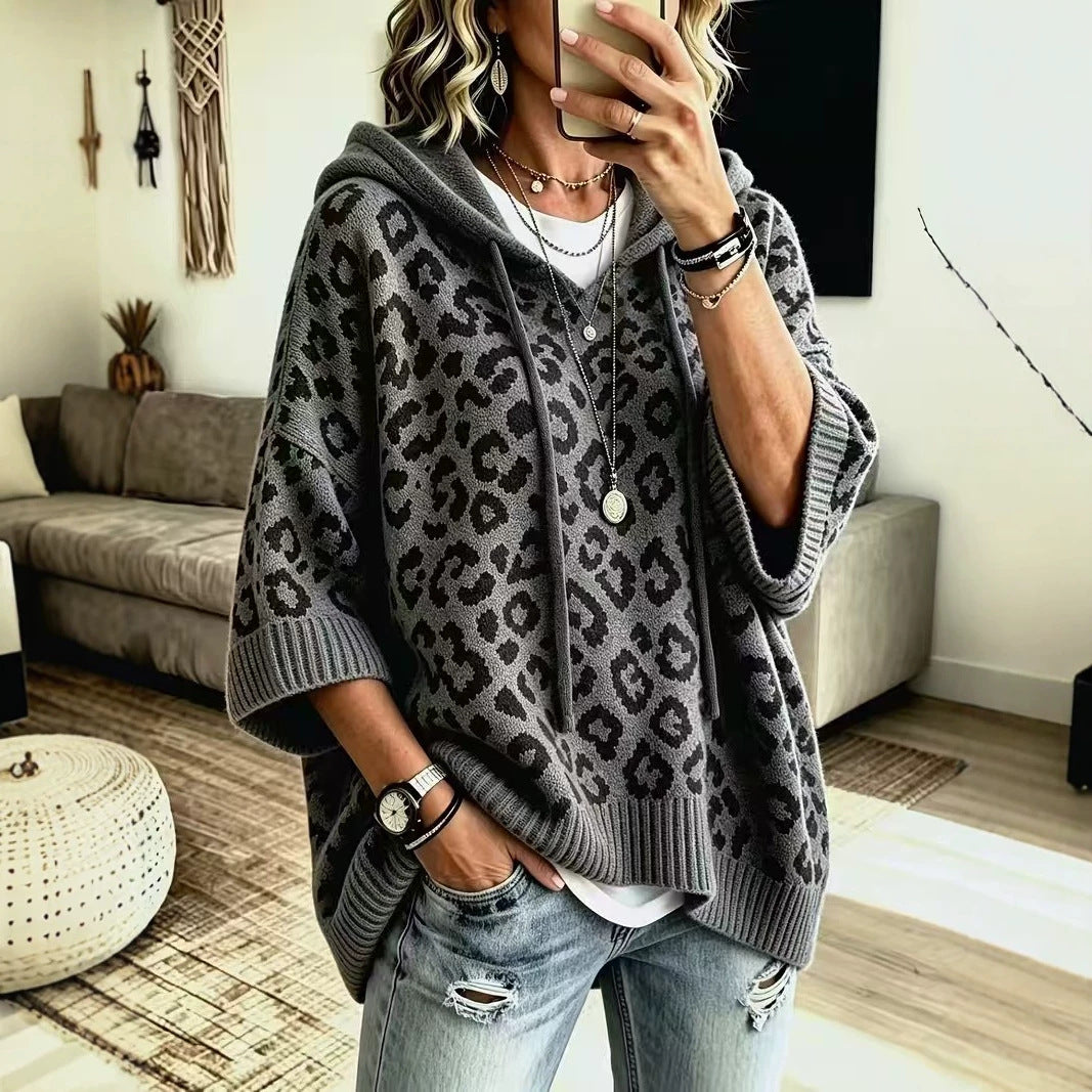Leopard Print Hooded Drawstring Knitted Pullover Hoodie Sweater