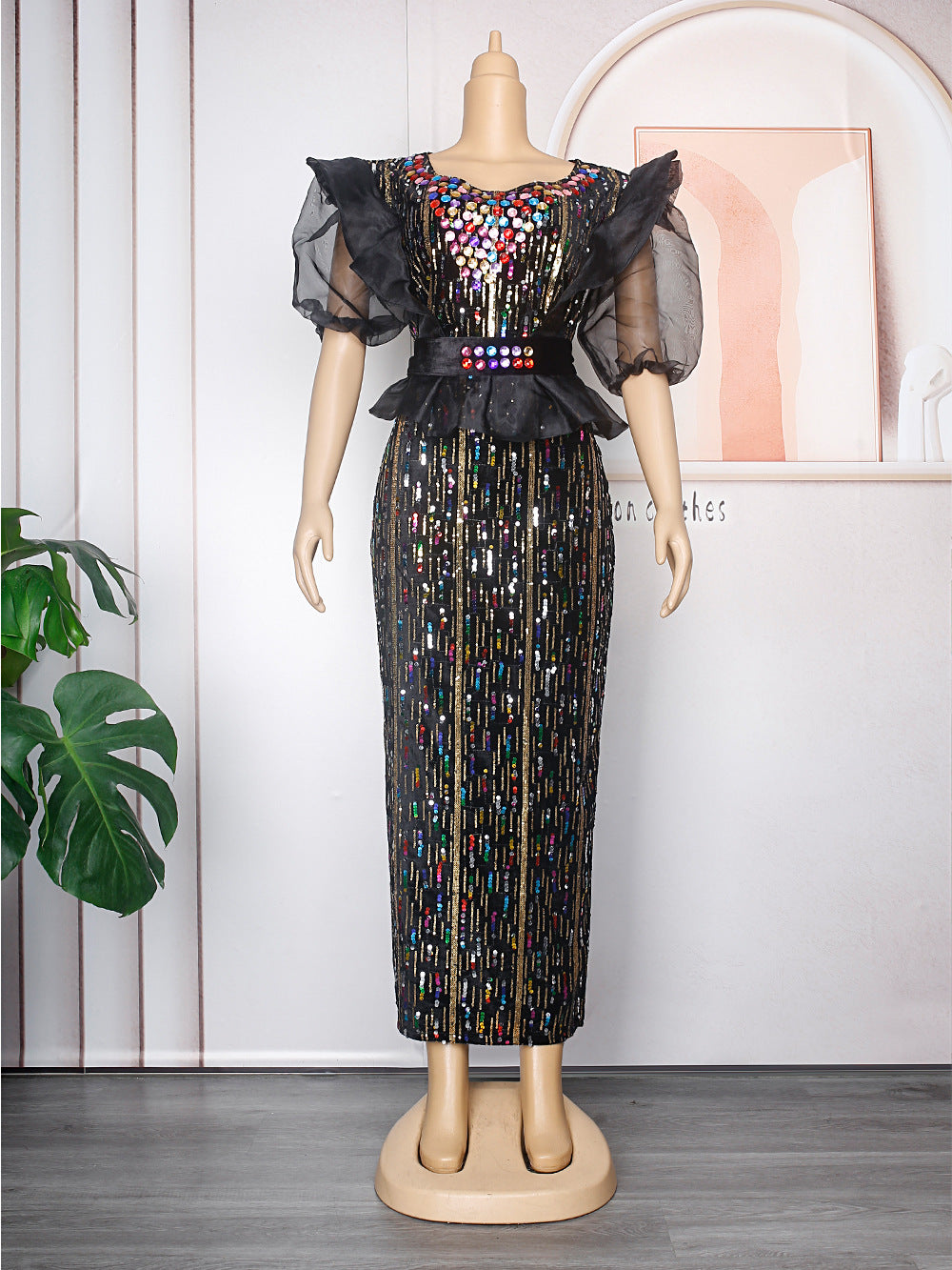 Women's Dress Rhinestone African Wear Belt Dresses