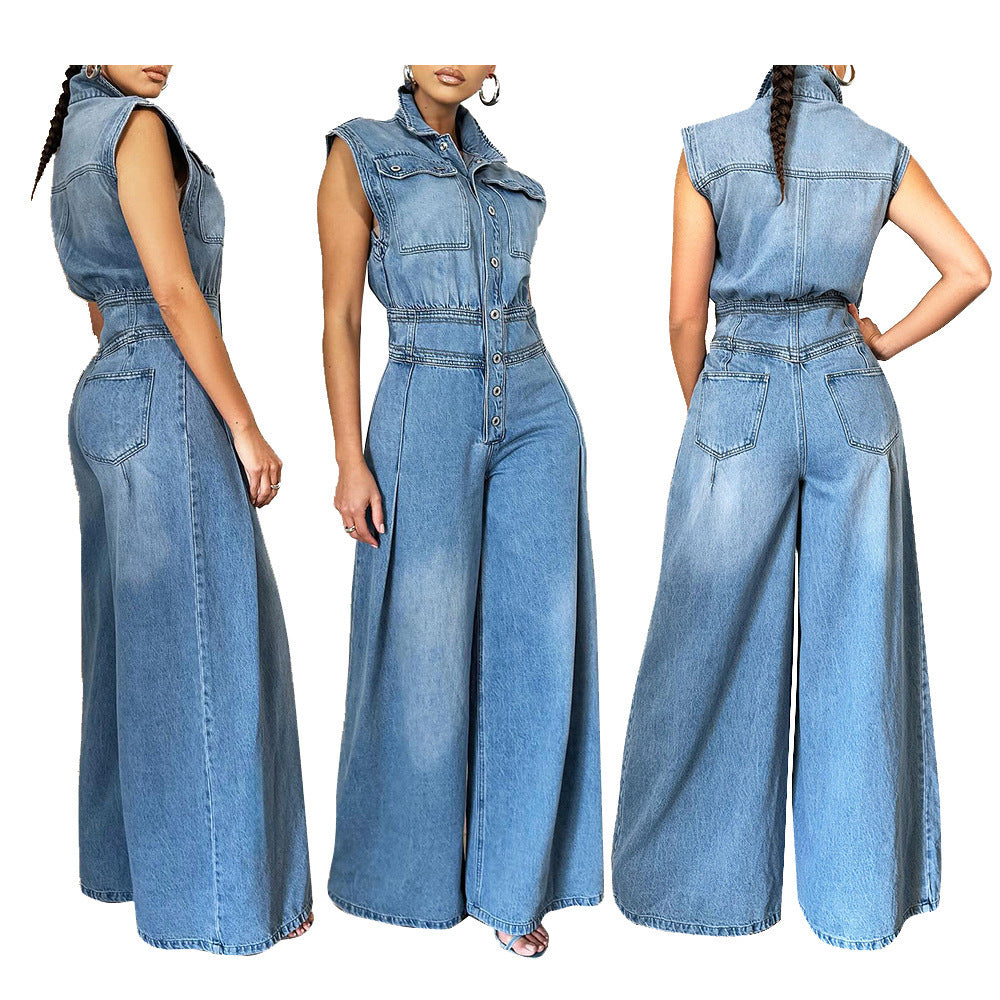 Women's Leisure Washed-out Sleeveless Denim One-piece Pants