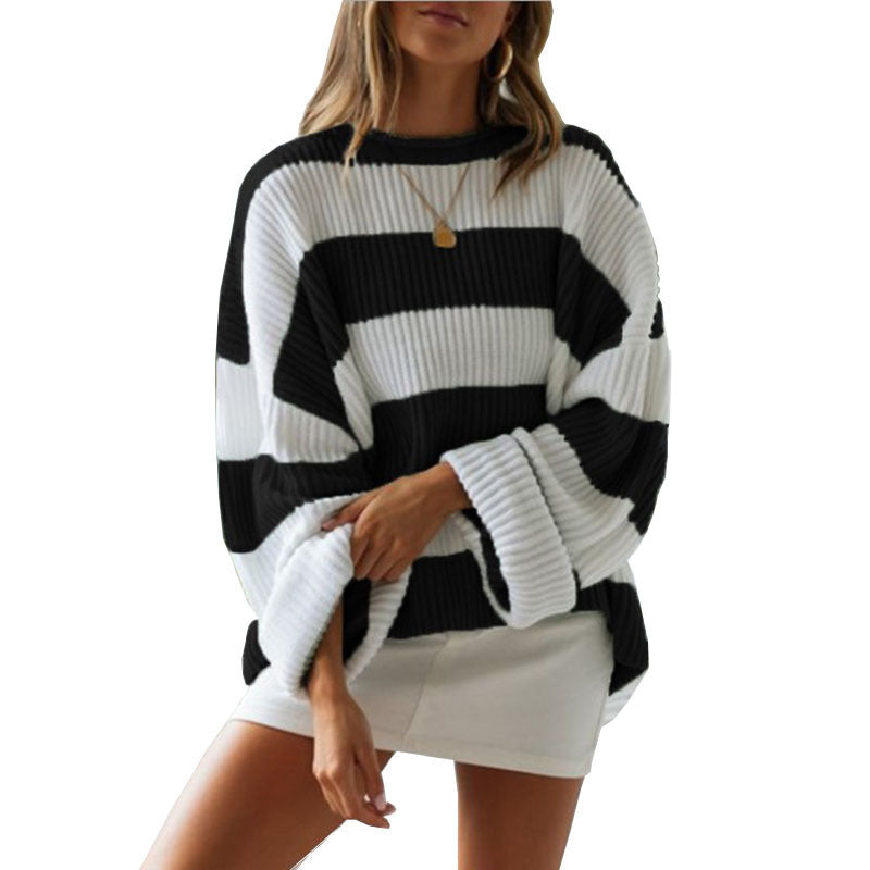Women's Curling With Round Neck Striped Color Sweaters