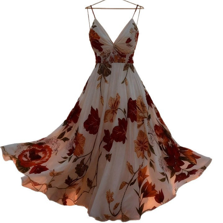 Durable Vacation Style Strap Printed Long Dress