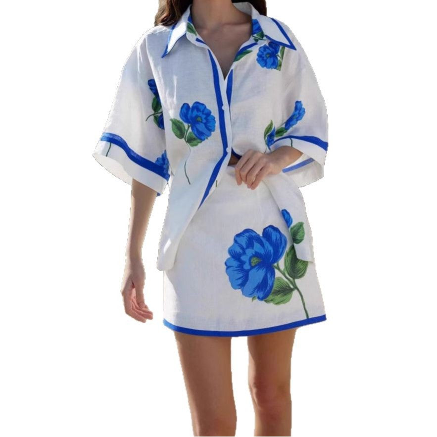 Women's Summer Positioning Printed Linen Short-sleeved Shirt Fashion Casual Suit