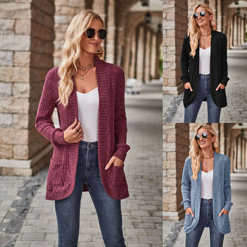 Sleeve Solid Color Rib Fabric Brushed Stitching Women's Sweater