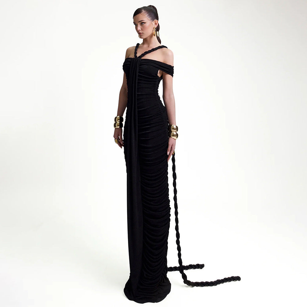 Women's Graceful Long Black Braid Pleated Slim Dresses