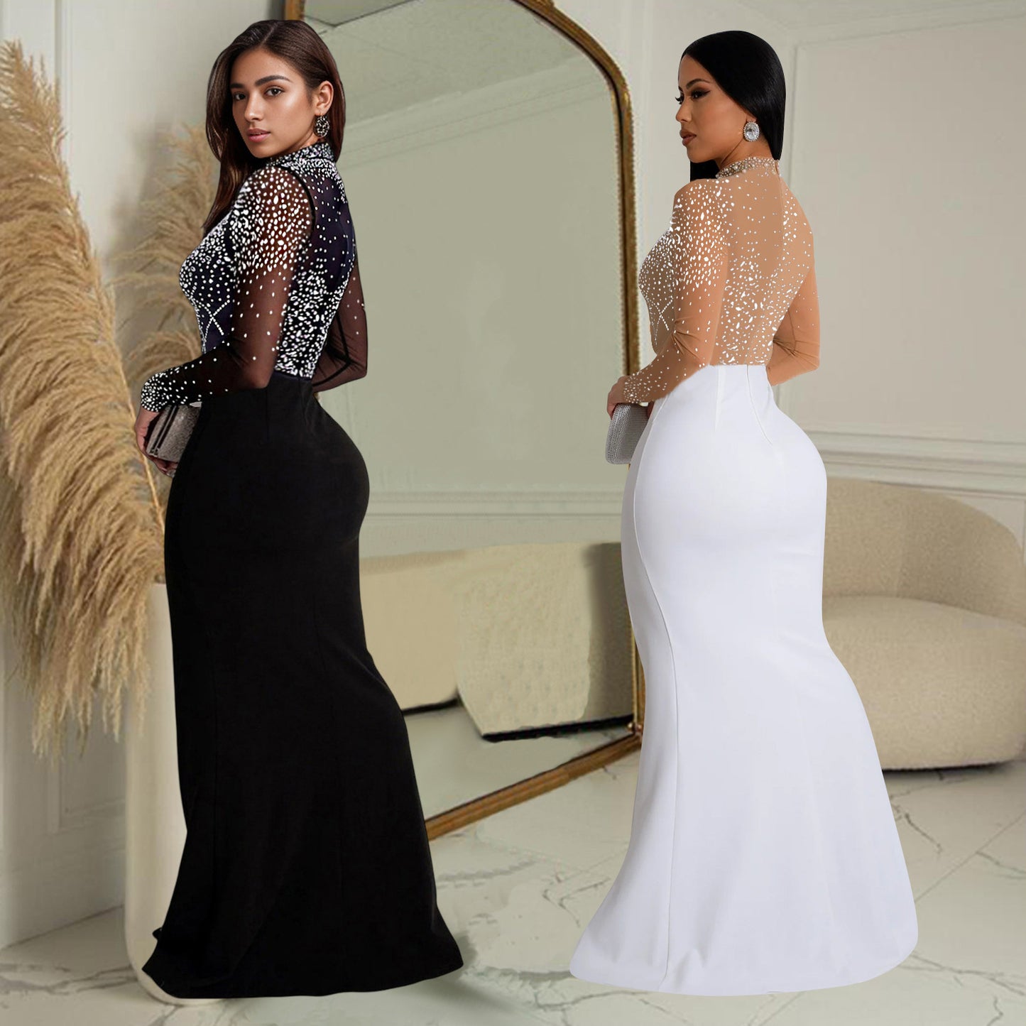 Women's Fashion Wear Rhinestone Split Long Dress Dresses