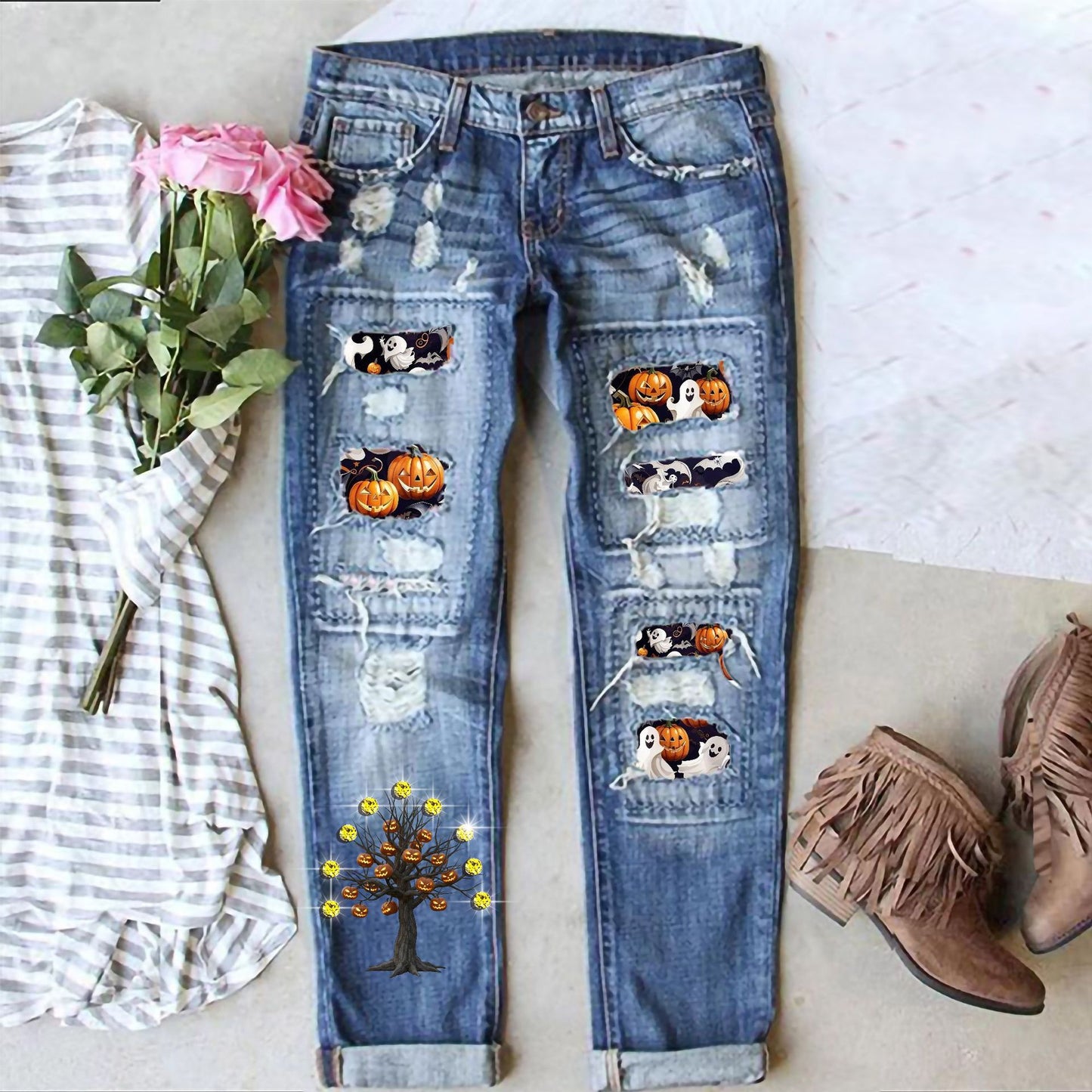 Women's Halloween Fashion Diamond Print Ripped Mid Jeans