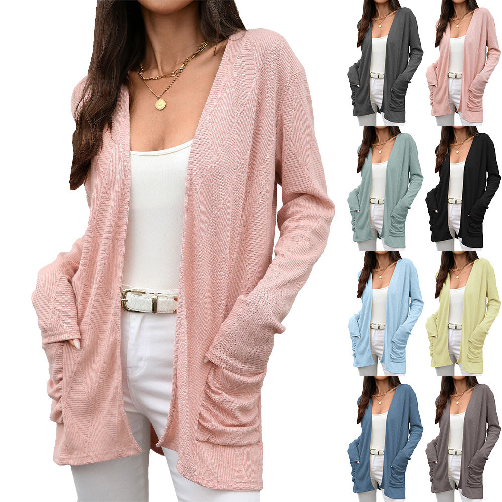 Women's Knitted Solid Color Mid-length Long Sleeve Cardigans