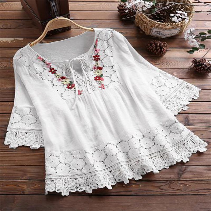 Women's Summer Cotton Linen Stitching Lace Elegant Blouses
