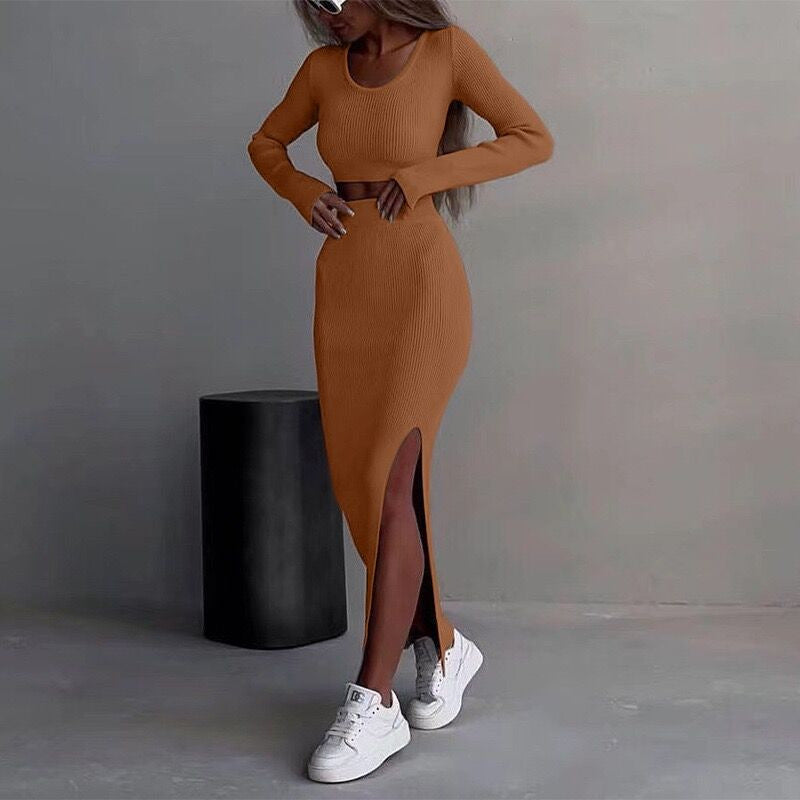 Women's Solid Color Knitted Split Long Sleeve T-shirt Skirts