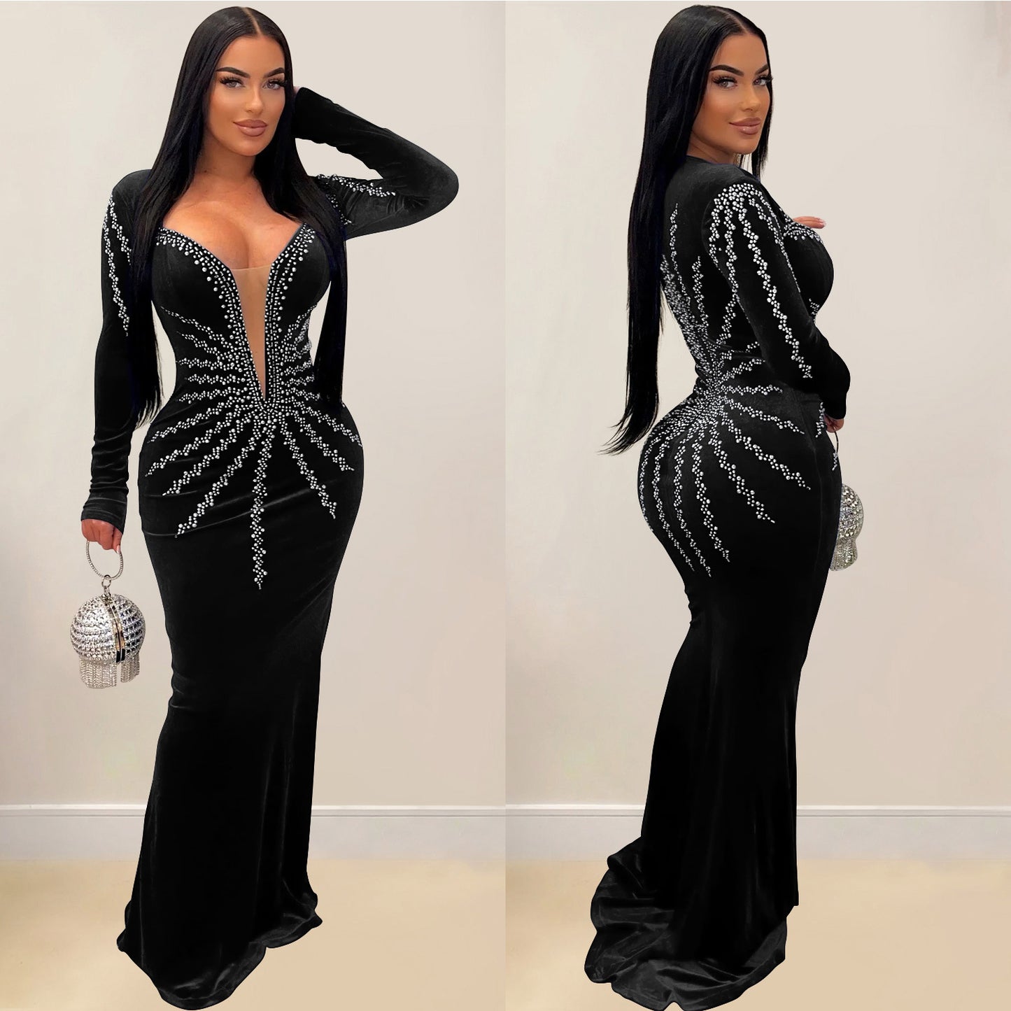 Women's Wear Solid Color Sexy Rhinestone Long Dresses