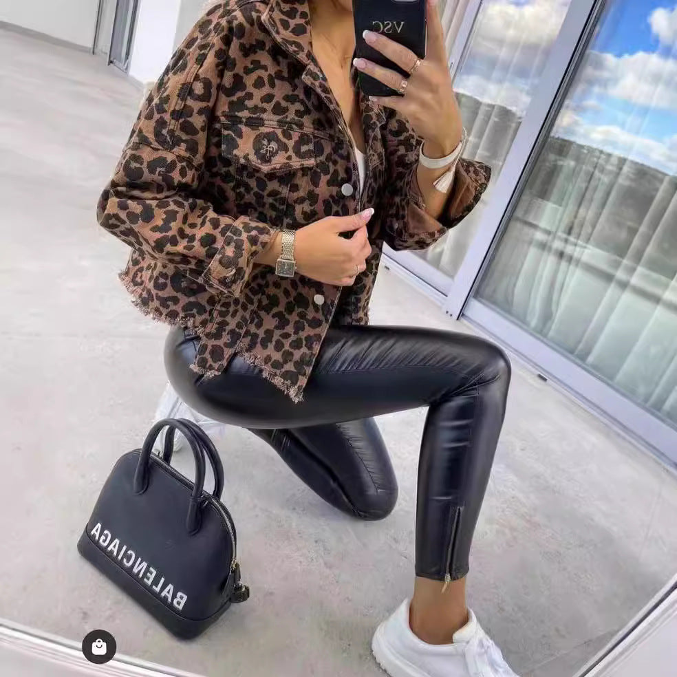 Women's Denim Leopard Print Long Sleeve Loose Jackets