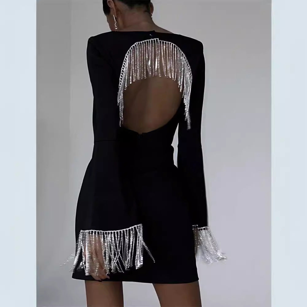 Fashion Back Hollow Bell Sleeve Black Dresses