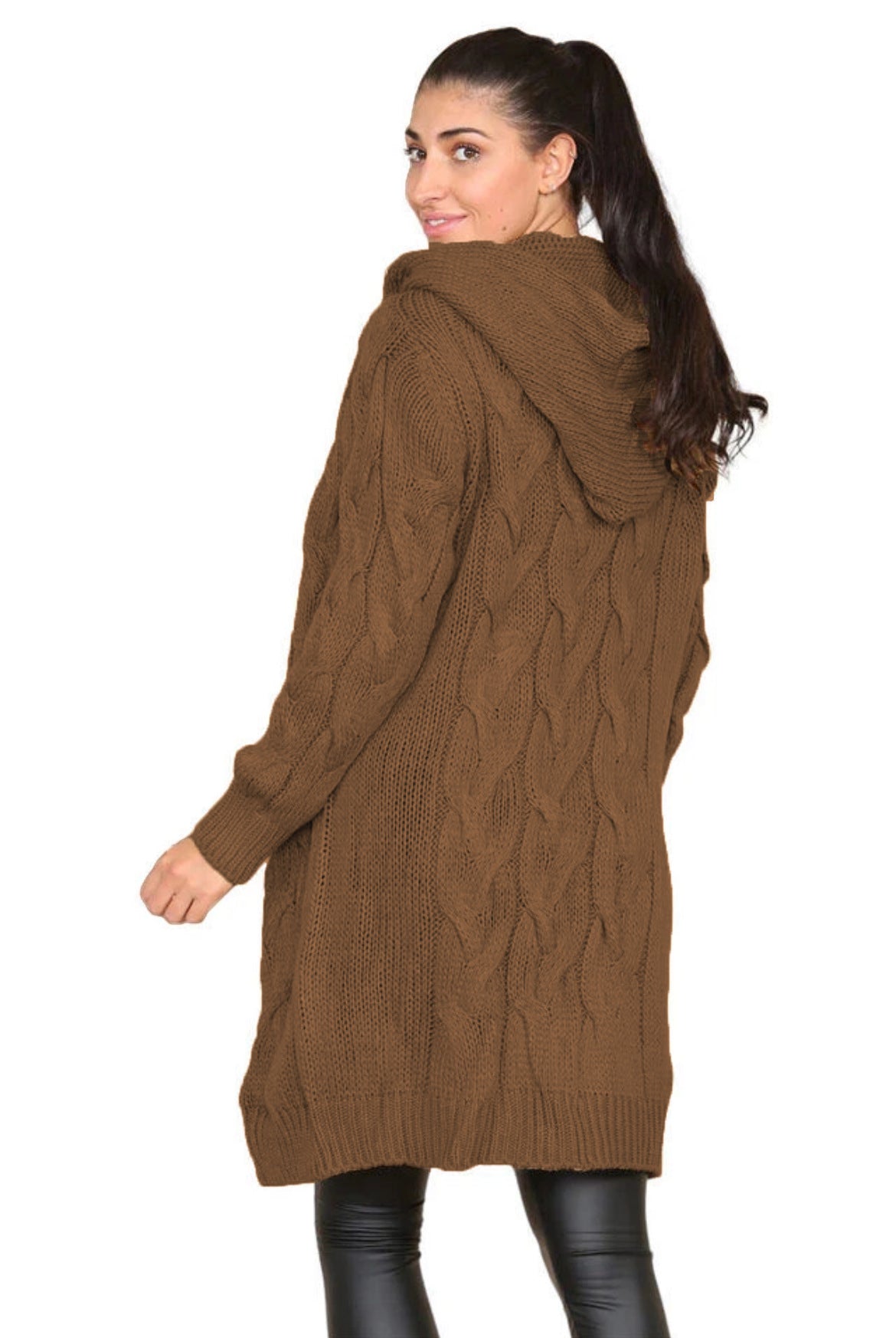 Women's Durable Solid Color Hooded Long Knitwear