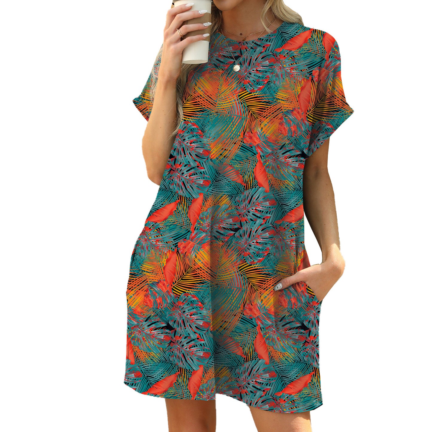 Loose Round Neck Sleeve Printed Pocket Dress