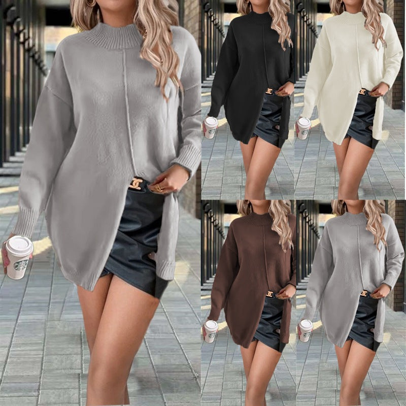 Half Turtleneck Solid Color Loose Split Women's Sweater