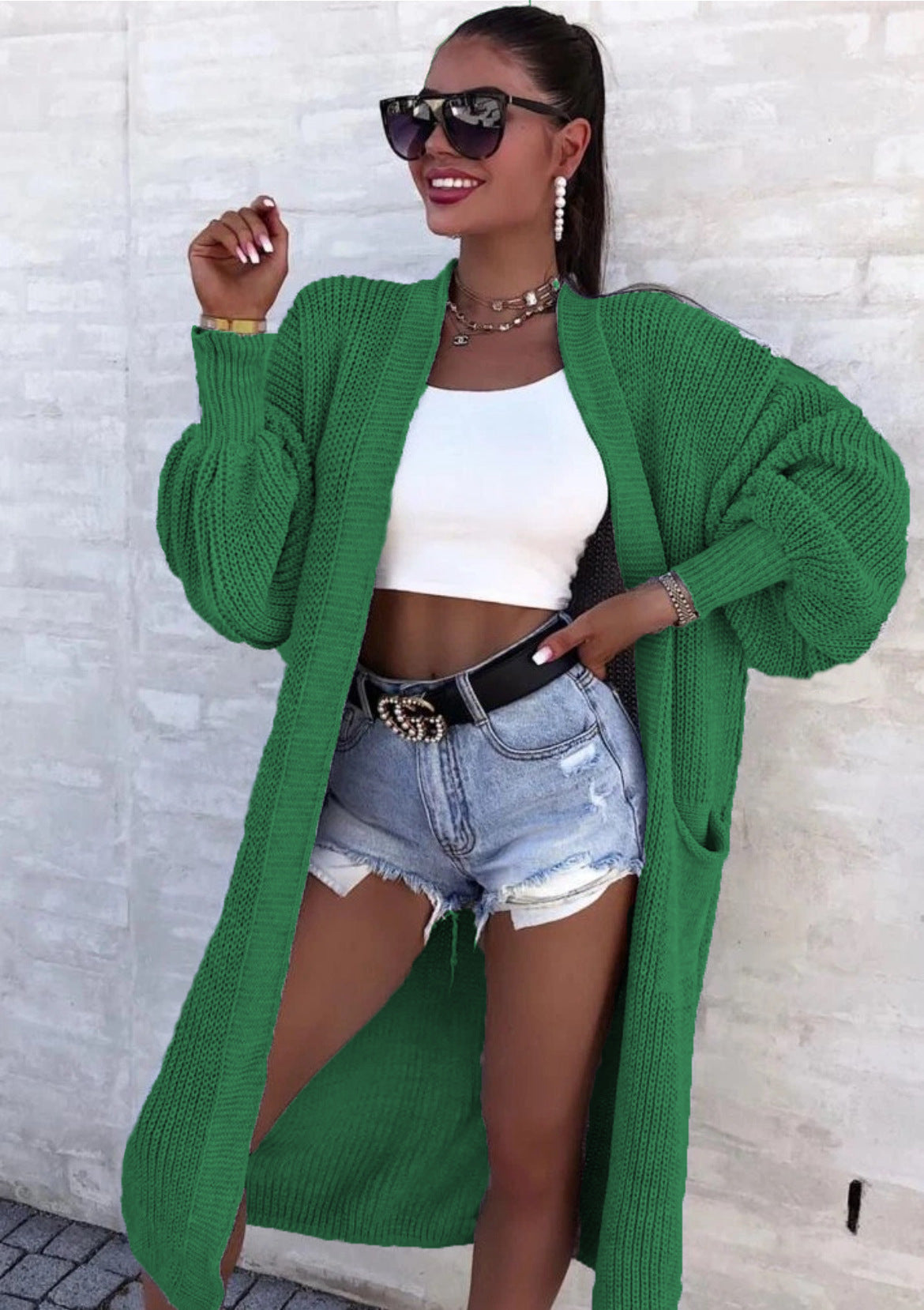 Women's Versatile Thick Needle Pocket Long Solid Knitwear