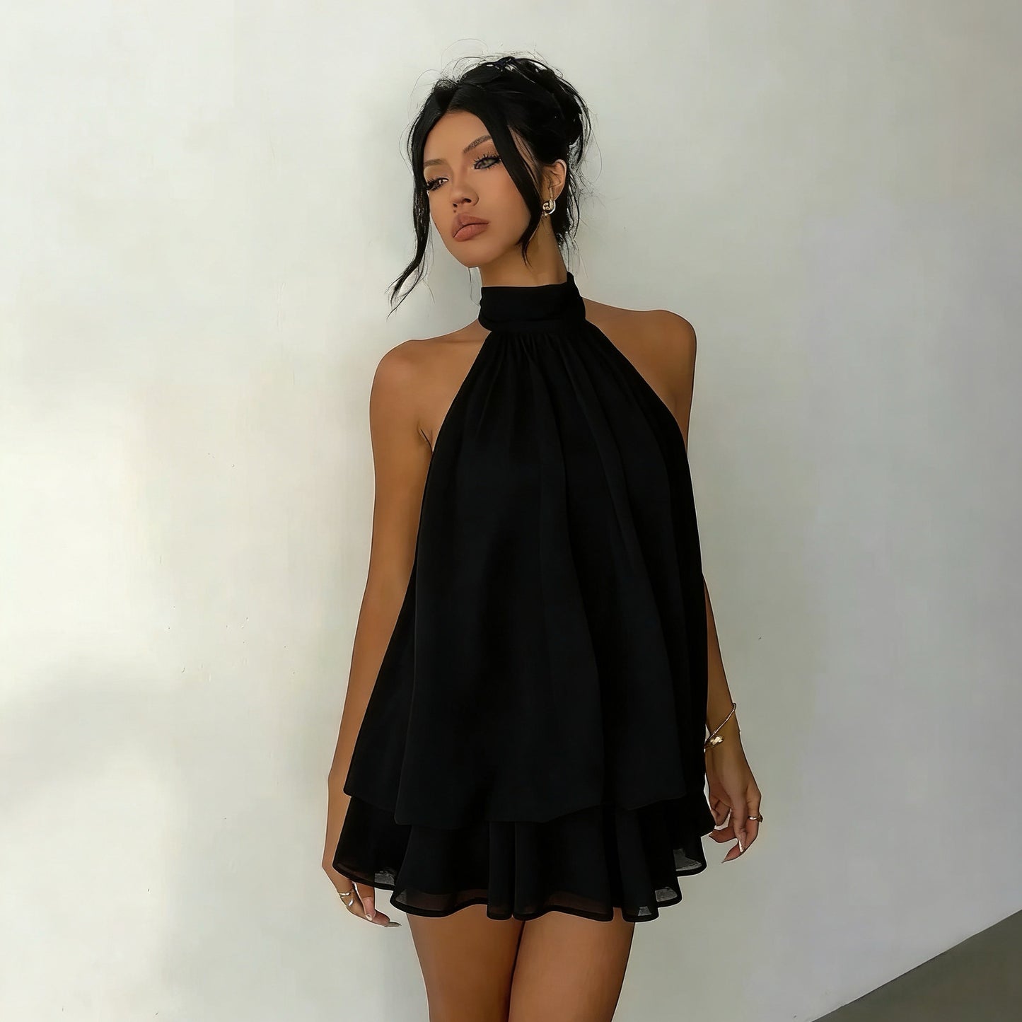 Women's Holiday Sexy Backless Halter Puff Dress