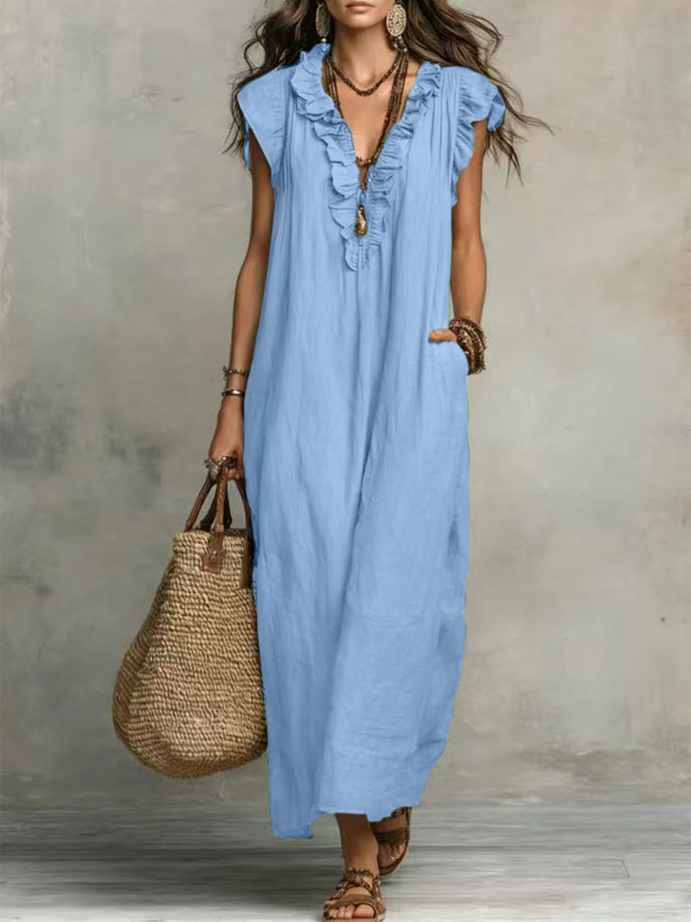 Women's Solid Color Bohemian Flying Sleeves Vacation Dress