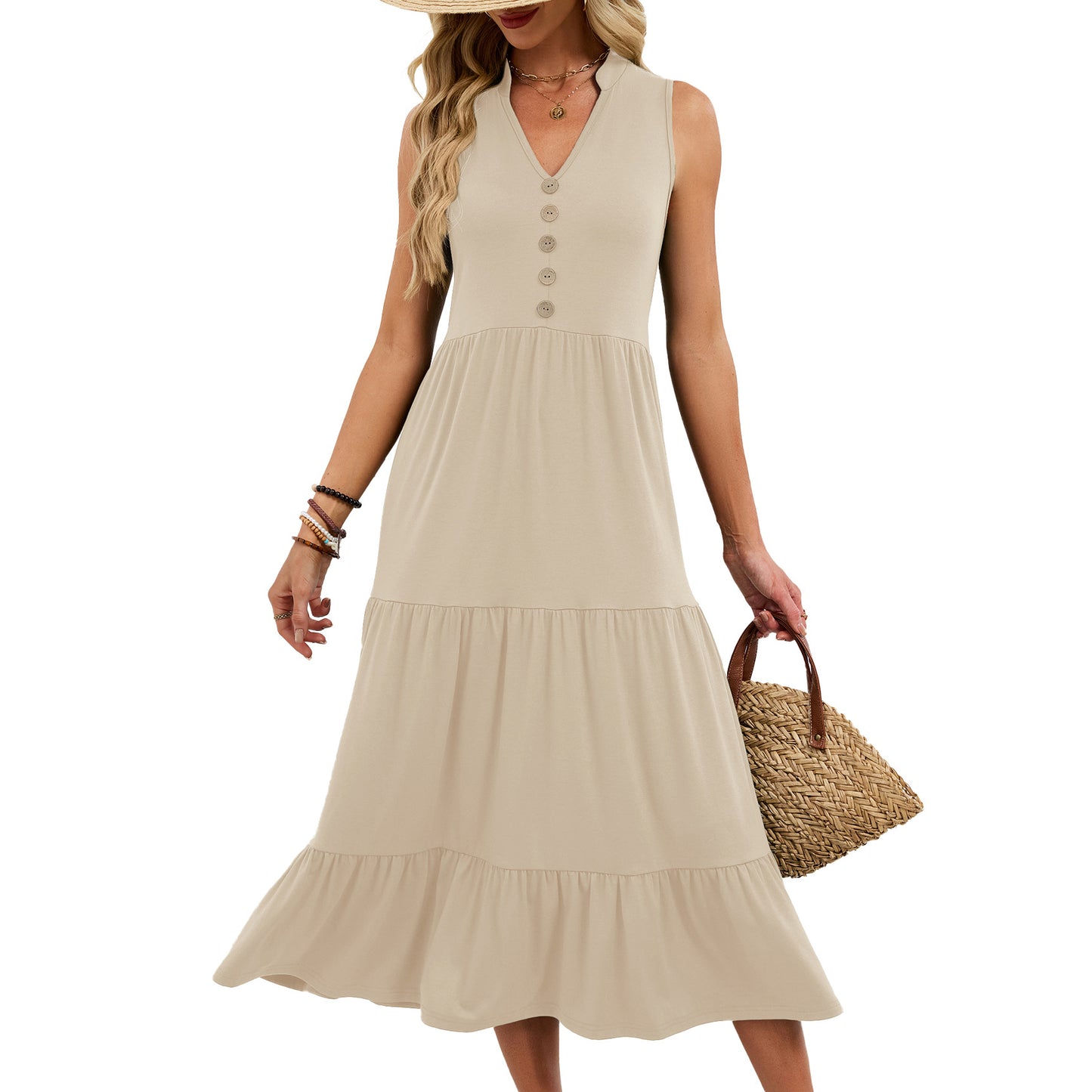 Solid Color Button Sleeveless Long Pleated Dress