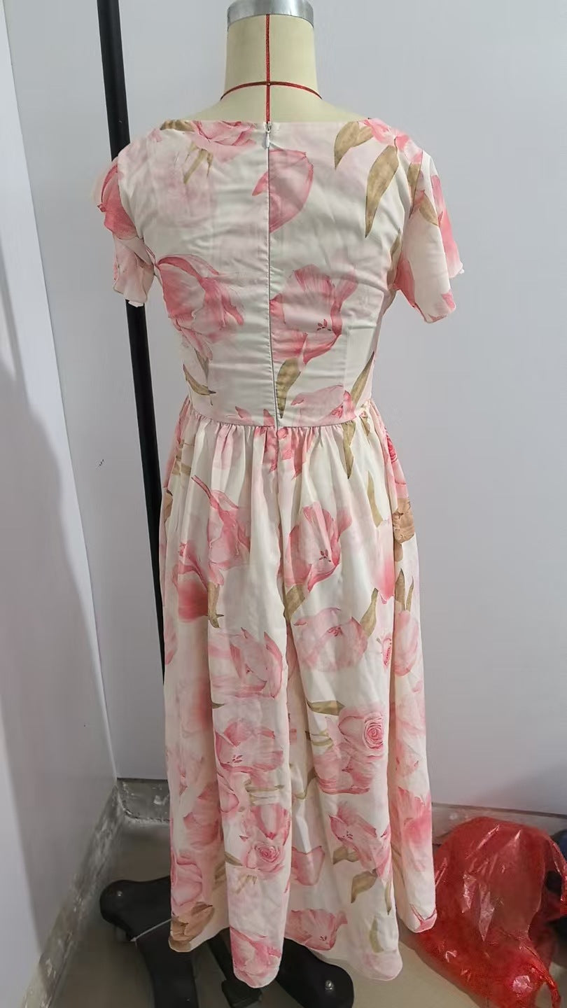 Women's Short-sleeved Digital Printed Long Elastic Waist Dresses