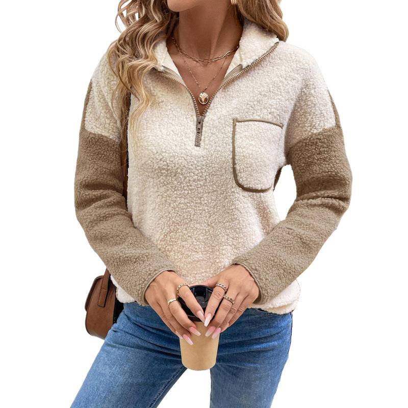 Sleeve Stand Collar Color Matching Warm Sweaters