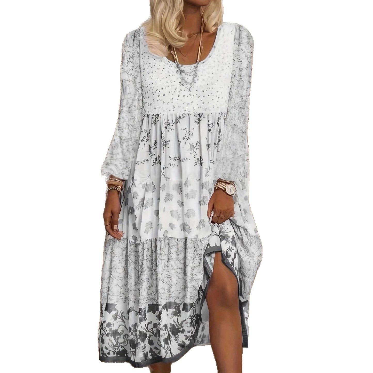 Casual Women's Long-sleeved Printed Round Neck Dress