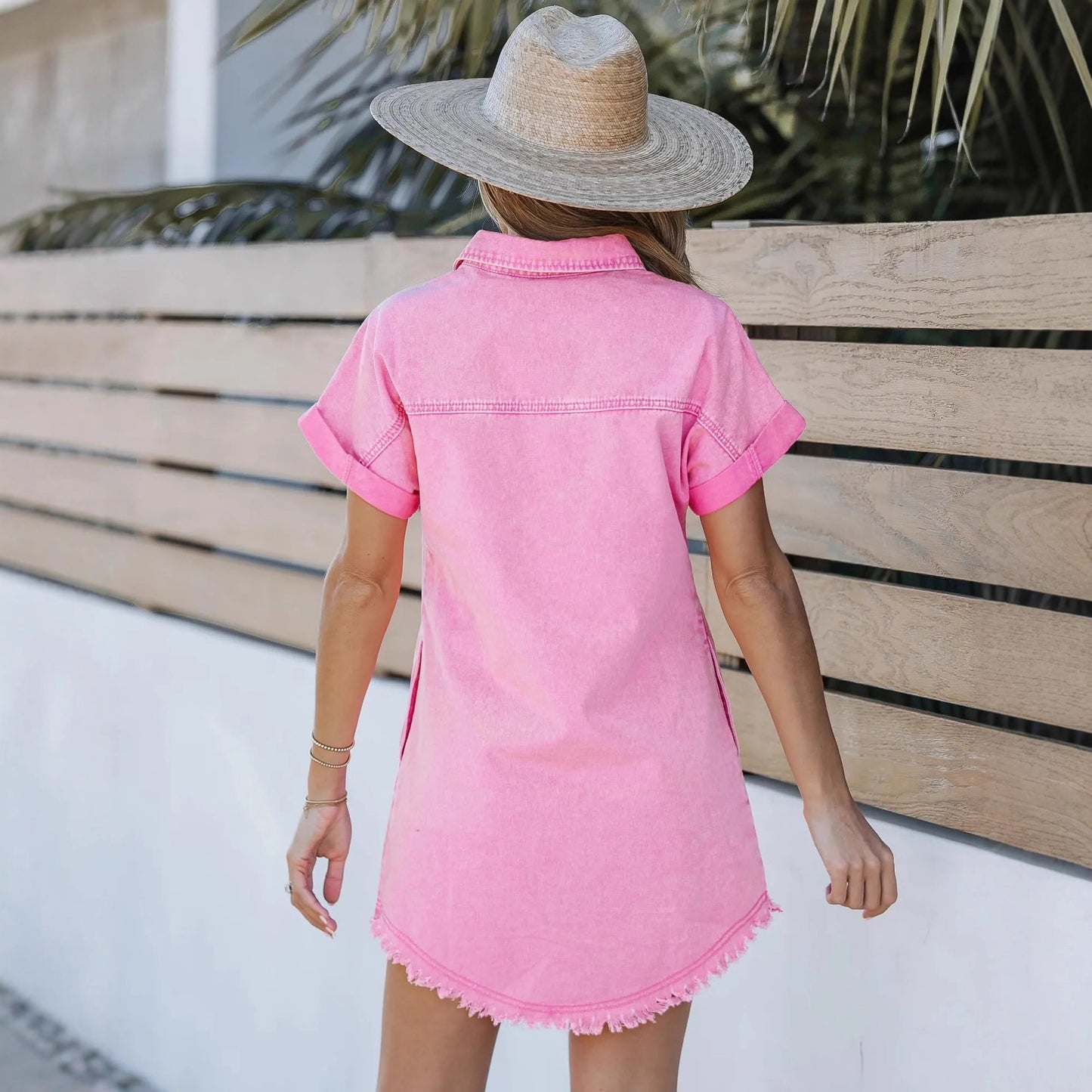 Women's Short-sleeved Denim Shirt Dress Buckle Casual Dresses