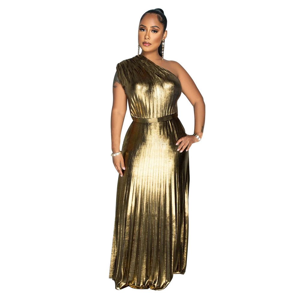 Women's Fashion Diagonal Collar Sleeveless Pleated Dress Dresses