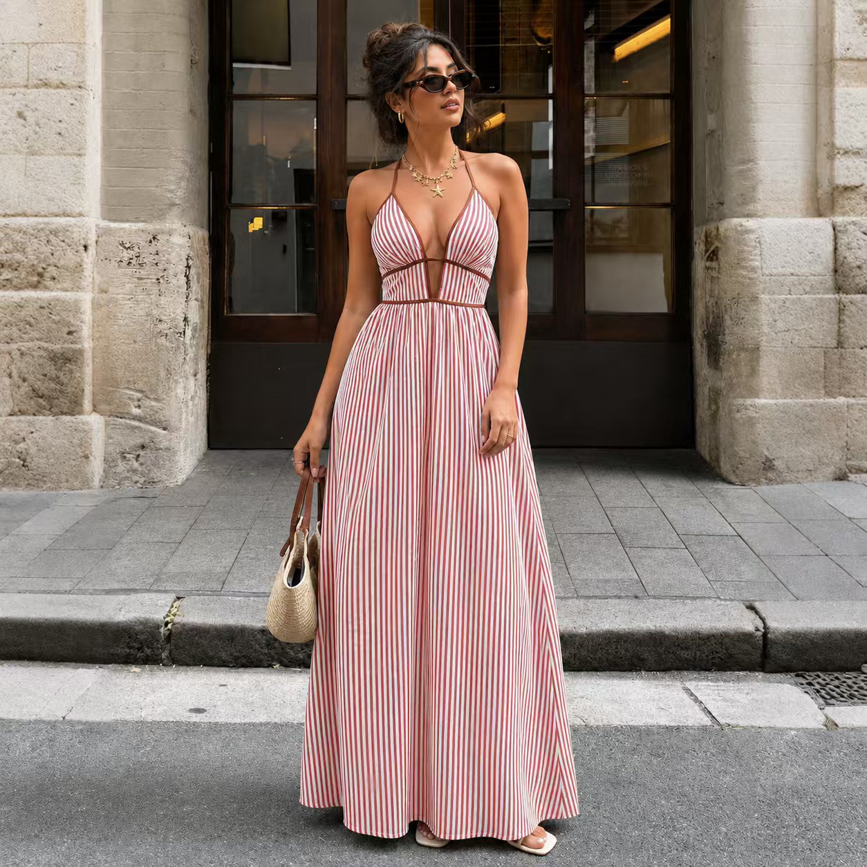 Summer Deep Striped Holiday Backless Sleeveless Dress