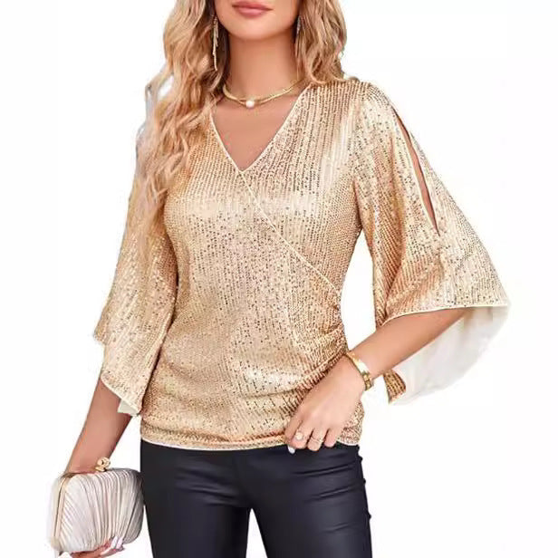 Women's Sequined Flare Sleeve Slim Fit Glitter Blouses