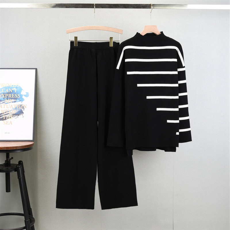 Women's Long Sleeve Striped Knitting Loose Mock Neck Suits