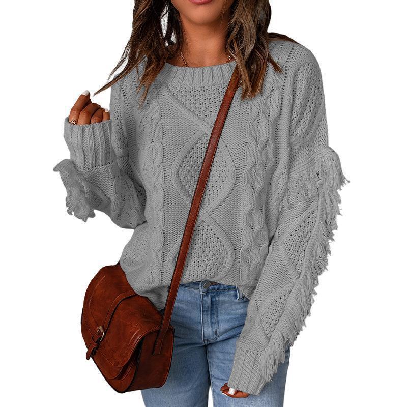 Women's Rhombus Tassel Solid Color Pullover Round Neck Sweater