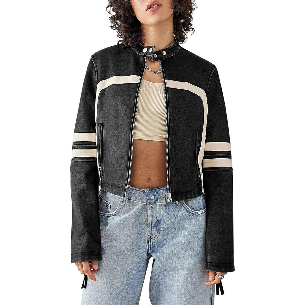 Women's Fashion Leather Color Contrast Patchwork Midriff Jackets