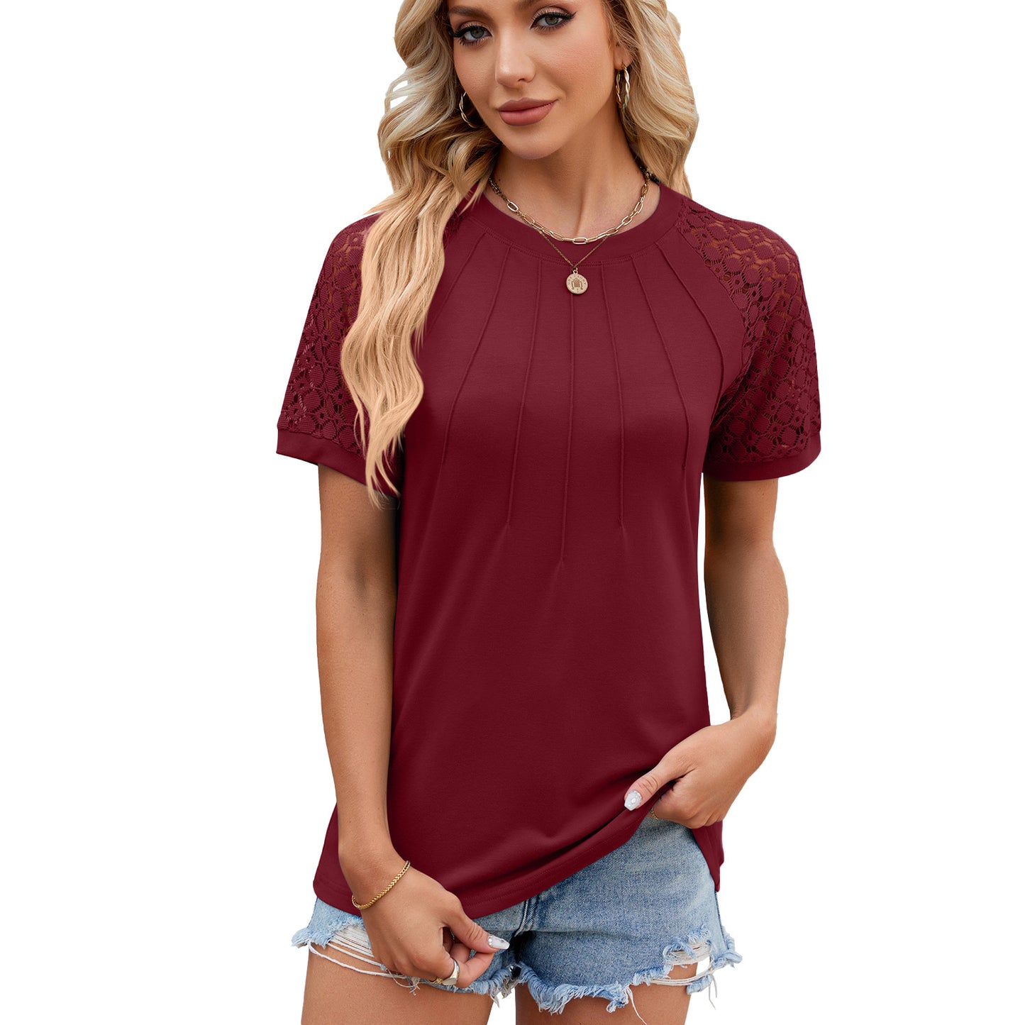 Women's Solid Color Round Neck Lace Patchwork Blouses